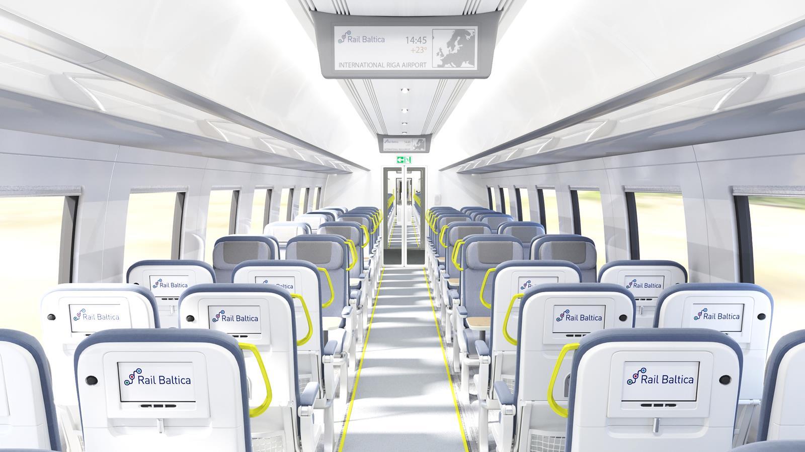 The conceptual eight-car train has approximately 70 seats per coach in standard class,