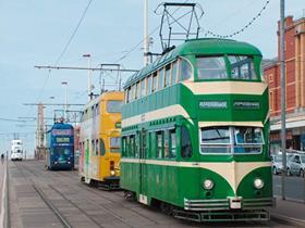 Blackpool double-deck trams.