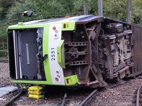 Derailed Croydon tram near Sandilands (Photo: RAIB).