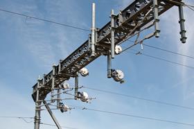 Transpennine Route Upgrade first wired section E1 Wires ending at automatic tensioning devices (Photo Tony Miles)