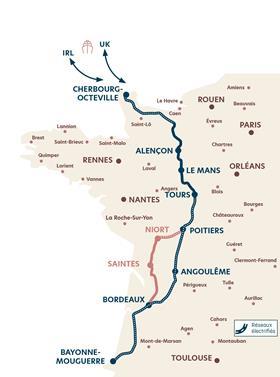 Map of the Cherbourg - Bayonne rail motorway