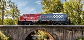 Wabtec Flxdriver battery loco on a bridge