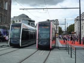 Tours Line A trams change from overhead to third rail power supply outside the SNCF station.