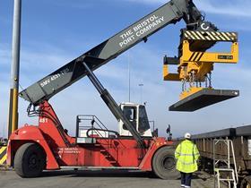 The Bristol Port Company loading GBRf 66783 with their new battery-powered electro-permanent lifting magnets