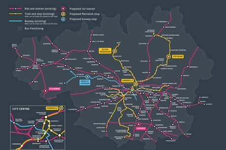 Map showing proposed new bus, rail and Metrolink stops