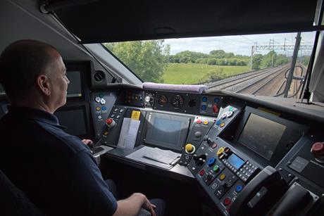 Inside cab of 805011 on driver training run - 1205 Euston to Crewe 070624 TM6