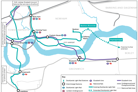 Map of proposed Docklands Light Railway extension to Thamesmead