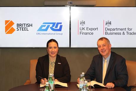 Melike Erdem, CEO of ERG International UK, and Craig Harvey, British Steel Commercial Director, Rail, at the contract signing.