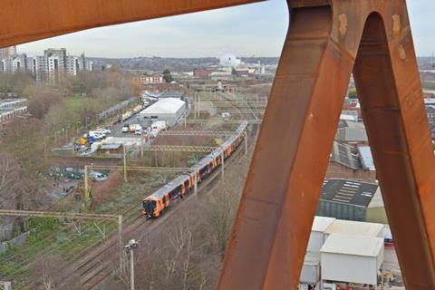 2026 01 14 WMT Class 730 passing HS2 Curzon No2 Viaduct as seen through the truss C Howe