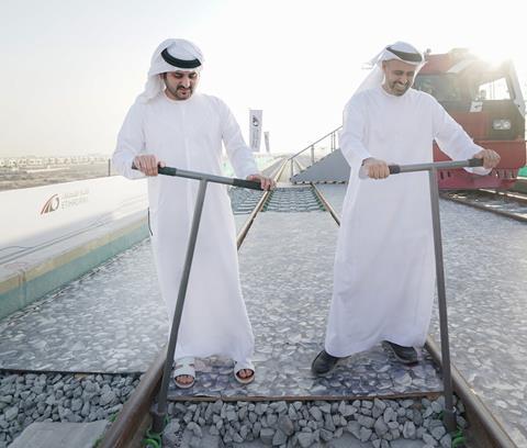 The final section of track for the rail link between Abu Dhabi and Dubai has been ceremonially installed