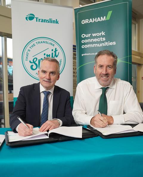 Translink Group CEO Chris Conway and Graham Civil Engineering Managing Director Leo Martin sign the contract for early engineering works at the Belfast Transport Hub.