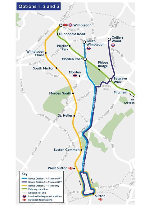 Map of Sutton Link options 1, 2 and 3