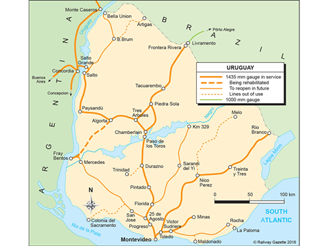 Map of railways in Uruguay.