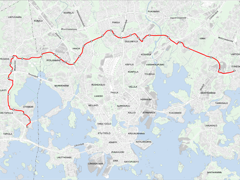 Map of the future 25 km Raide-Jokeri orbital light rail line in Helsinki.