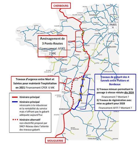 Cherbourg - Bayonne rail motorway map