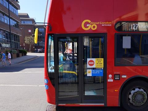 gb London bus with coronavirus sticker