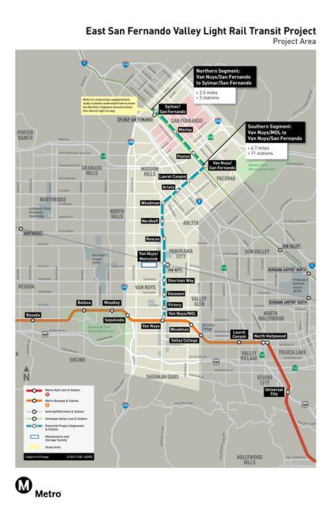 East San Fernando Valley Transit Corridor light rail line map
