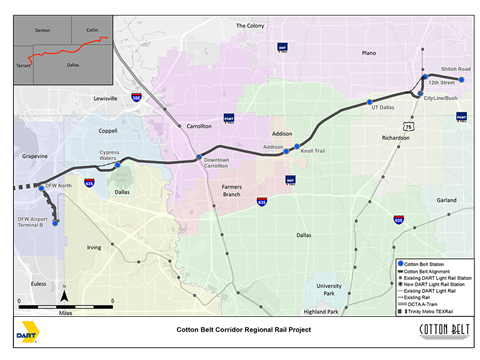 Map of the 42 km Cotton Belt commuter rail line.