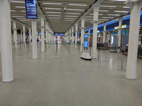 London St Pancras Eurostar check-in empty during the coronavirus pandemic 20200831