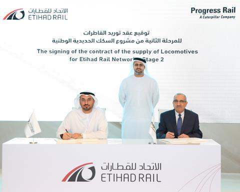 The contract was signed by Shadi Malak, CEO of Etihad Rail, and Ramzi Imad, Progress Rail’s Regional Director of International Sales for North Africa & Middle East.