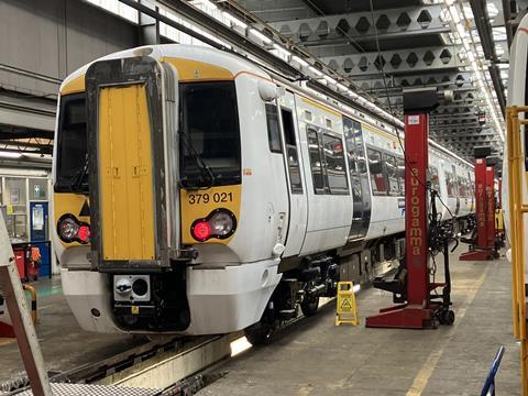 Unit 379 021 stands on reconditioned bogies as its recommissioning work nears completion