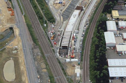 Final preparations are being made ahead of a nine-day project to push an 11 000 tonne curved concrete box under the East Coast Main Line at Werrington to the north of Peterborough (Photo: Network Rail Air Operations)