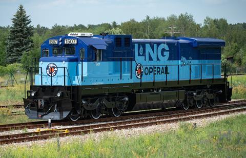 General Electric C36 main line locomotive converted to dual-fuel operation.