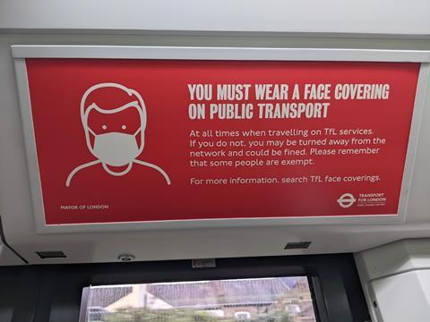 London Croydon Tramlink coronavirus facecovering poster on tram