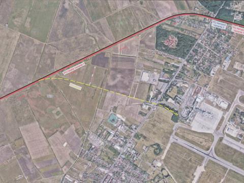 Map of the planned rail connection to Terminal 1 at Henri Coandă International Airport.