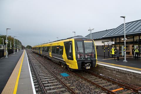 Merseyrail trains reach Headbolt Lane using Stadler Class 777 electric multiple-units equipped with batteries to enable operation beyond the region’s 750 V DC third rail electrified network.
