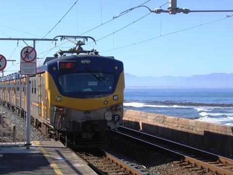 A PRASA Metrorail EMU at Kalk Bay on the Western Cape suburban network.