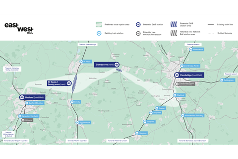 East West Rail Bedford to Cambridge preferred route option map