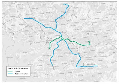 Map of proposed Turku tram network