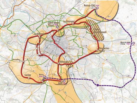 Map of proposed transport projects in the Paris area.