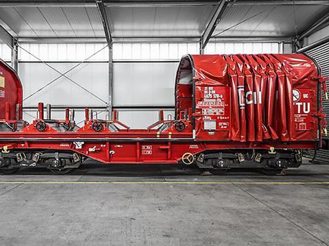 DB Cargo displayed the latest update to its coil-carrying wagon family at the Transport Logictic trade fair in München.
