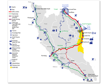 Map of Malaysia's East Coast Rail Link project.