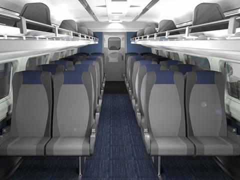 An impression of the proposed interior of a refurbished Coach class Amfleet I saloon. Image: Amtrak.