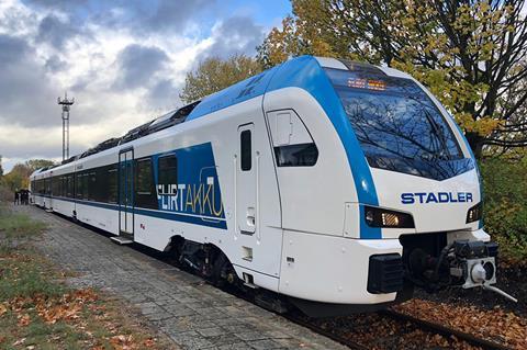 Stadler announced the Akku battery-powered version of its Flirt family at InnoTrans 2018, with a prototype demonstrated shortly afterwards.