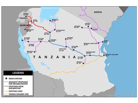 Map of the proposed DIKKM railway linking Tanzania., Burundi and Rwanda.