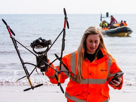 Network Rail has used an unmanned aerial vehicle controlled from a rigid inflatable boat to undertake a survey of the railway along the sea wall at Teignmouth and Dawlish.