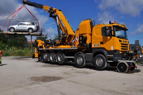 Hiab crane on road-rail vehicle