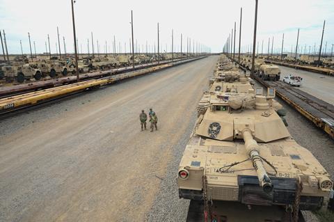 Tanks on trains at Fort Bliss