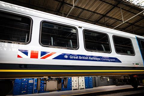 Great British Railways coming soon branding on a South Western Railway train