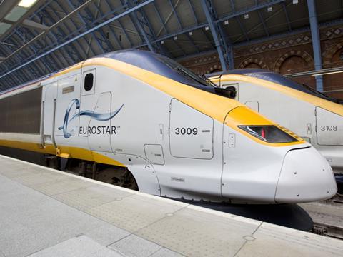 Eurostar trains at St Pancras International station.