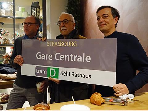 The branch of the Strasbourg tram network which crosses the River Rhine from France to Kehl  in Germany was extended by 1·1 km on November 23 (Photo: Stadt Kehl).