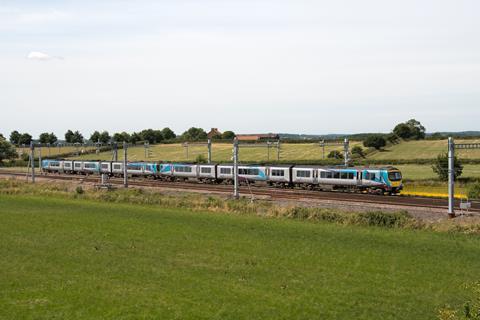 TransPennine Express Class 185 DMUs under new TRU electrification approaching Colton Junction (Photo: Tony Miles)