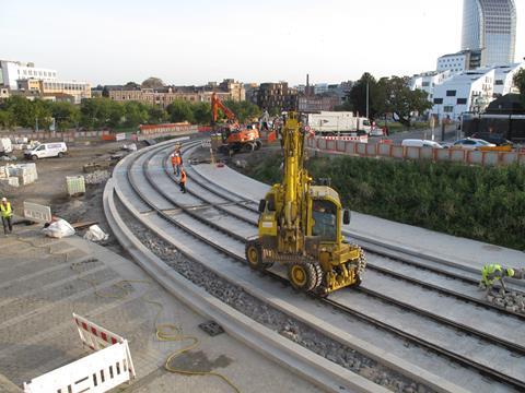 Construction of the tram line in front of Guillemins station in October 2023