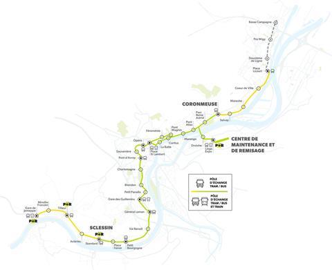 Liège tram initial route and planned extensions.