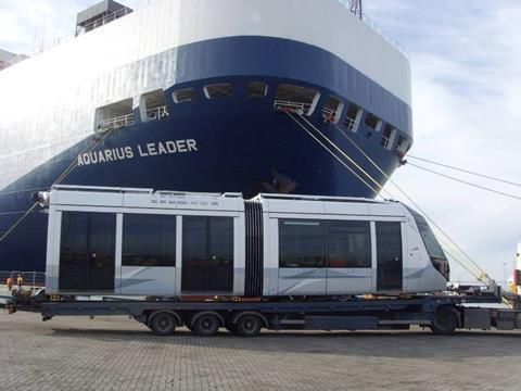 The first Alstom Citadis tram for the Al Sufouh tramway is delivered to Dubai.