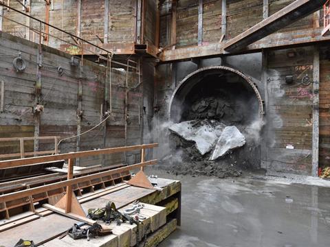 Tunnel boring machine <i>Angeli</i>, supplied by Herrenknecht for the Regional Connector project, broke through to Grand Ave/Bunker Hills station on June 1.